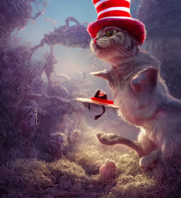 Image similar to complex 3 d render, hyper detailed, ultra sharp, of the cat in the hat, scary, trippy, cinematic, natural soft light, rim light, art by greg rutkowski and artgerm and android jones, dr seuss