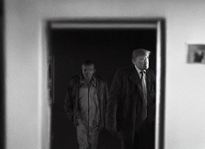 Prompt: screenshot from moody scene of Donald Trump entering the zone, scene from the film Stalker 1979 film directed by andrei tarkovsky, kodak film stock, anamorphic lens, 4K, film grain, detailed, stunning cinematography