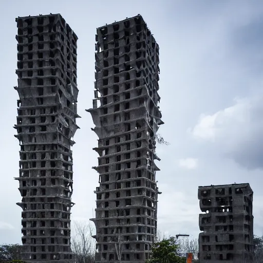 Image similar to a sci - fi brutalist monumental tower, with many towers sprouting from the base tower creating a complex and unique geometric building, photography