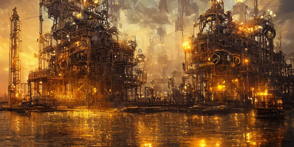 Image similar to golden steampunk oilrig in the sea, coins flying, intricate, very very beautiful, elegant, highly detailed, digital painting, artstation, concept art, smooth, sharp focus, illustration, WLOP