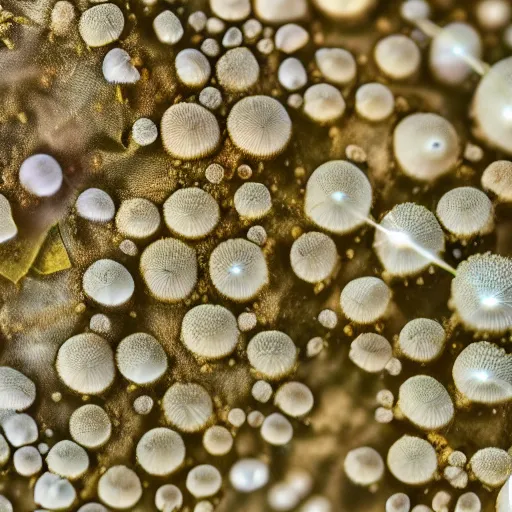 Prompt: beautiful fungus, crystals, under a high power microscope