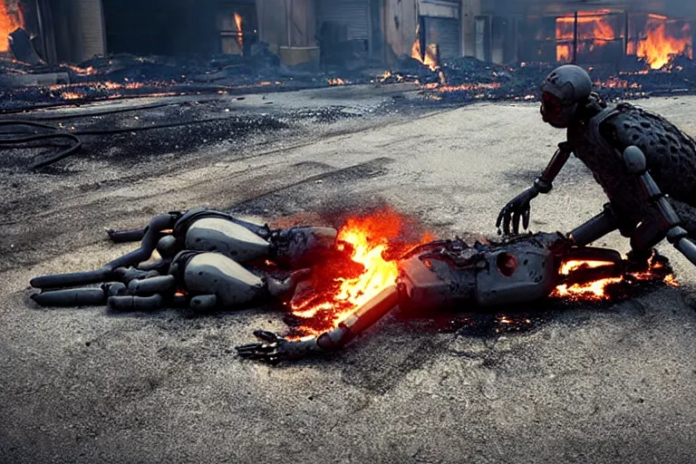 Image similar to vfx film closeup, dead robot couple on the ground holding hands, city street tire tracks fire. flat color profile low - key lighting award winning photography arri alexa cinematography, hyper real photorealistic cinematic atmospheric cool colorgrade