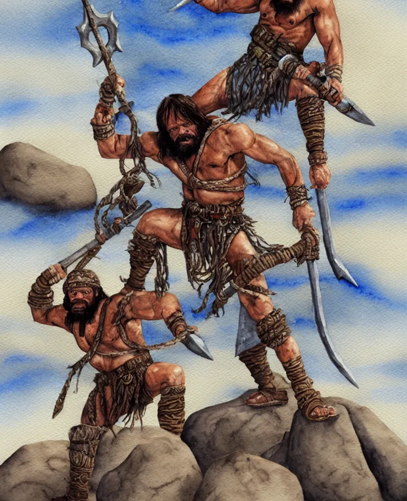 Image similar to randy savage with an anchor weapon slung over his shoulder and foot heroically on a boulder posing in desolate wasteland | fantasy watercolour painting | middle earth | conan | darksun | d & d dungeons and dragons | barbarian