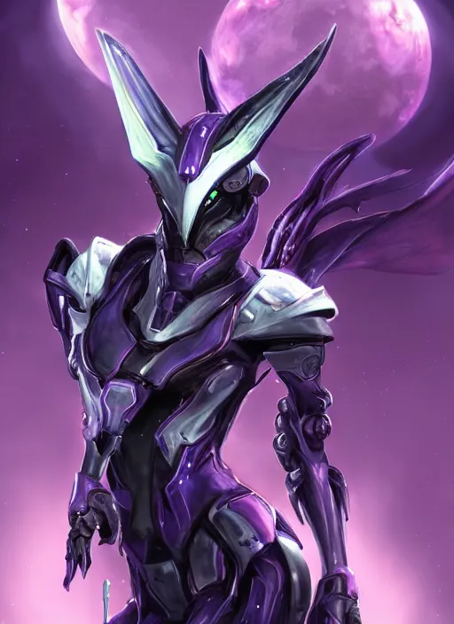 Image similar to cinematic bust shot, cosmic sized proportional stunning beautiful hot female warframe, detailed robot mecha female dragon head, metal ears purple eyes, sleek silver armor, fuschia skin, floating in empty space, nebula sized, posing elegantly, epic proportions, epic size, epic scale, furry art, dragon art, giantess art, warframe fanart, furaffinity, deviantart