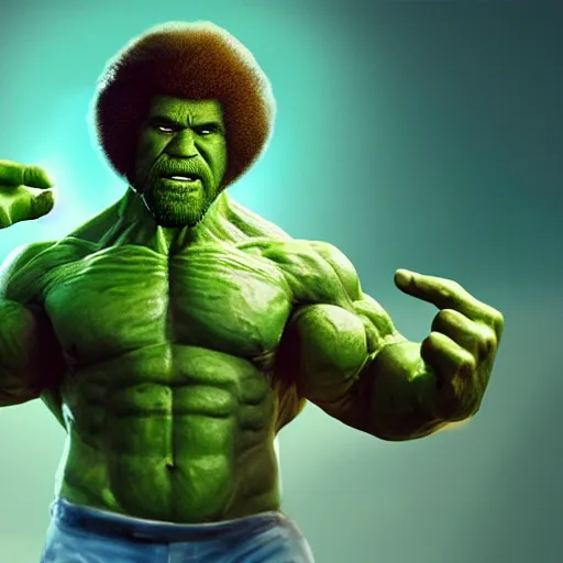 Image similar to full body portrait , photomanipulation of BOB ROSS as hulk with human flesh, marvel, fully detailed, volumetric lightening, octane render, 8k, masterpiece, epic composition, sharp focus