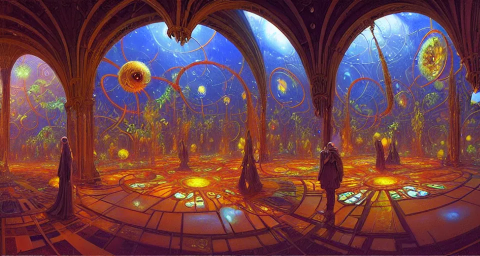 Prompt: fish eye lens, twirl minimalist 3 d fractal oil painting by donato giancola, warm coloured, cinematic scifi bioluminescent luxurious futuristic foggy steam filled victorian garden circular cathedral interior with microscopy minimalist stained glass flowers growing out of pretty bulbous ceramic fountains, gigantic pillars and flowers, maschinen krieger, beeple, star trek, star wars