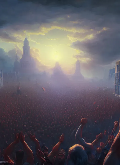 Image similar to painting of a crowd with raised arms pointing towardб demonstration, cinematic view, epic sky, detailed, concept art, low angle, high detail, warm lighting, volumetric, godrays, vivid, beautiful, trending on artstation, by jordan grimmer, huge scene, art greg rutkowski