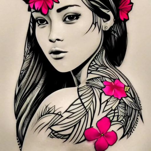 Prompt: tattoo design, stencil, beach photography, tattoo stencil, traditional, beautiful portrait of a traditional Hawaiian girl with flowers in her hair, upper body, by artgerm, artgerm, artgerm, digital art, cat girl, anime eyes, anime, sexy, super model-s 100