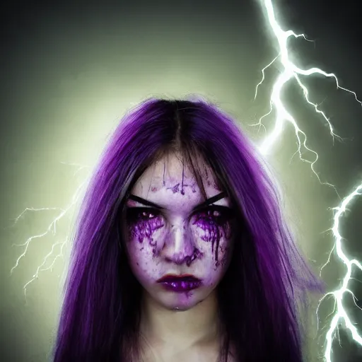 Image similar to detailed photo portrait of a furious teen girl with thin, hair-like purple tentacles on her head and bright purple eyes, 8k, trending on DeviantArt, face enhance,hyper detailed ,full of colour, dramatic lightning