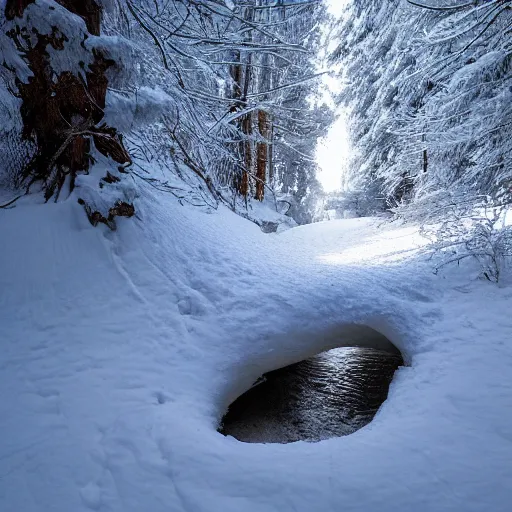 Prompt: snow cave under a snow patch with a stream running through it, light filtered through