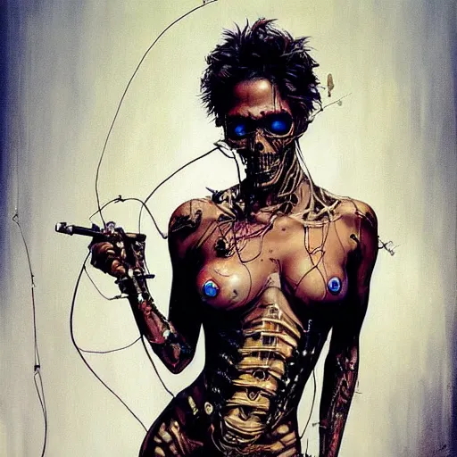 Image similar to halle berry as a cyberpunk noir detective, skulls, wires cybernetic implants, machine noir grimcore, in the style of adrian ghenie esao andrews jenny saville surrealism dark art by james jean takato yamamoto and by ashley wood and mike mignola