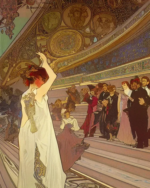 Prompt: painting by alphonse mucha, the interior of the opera house, in the depth of the hall there is an illuminated stage with a singer in a white dress, a palette of pastel colors