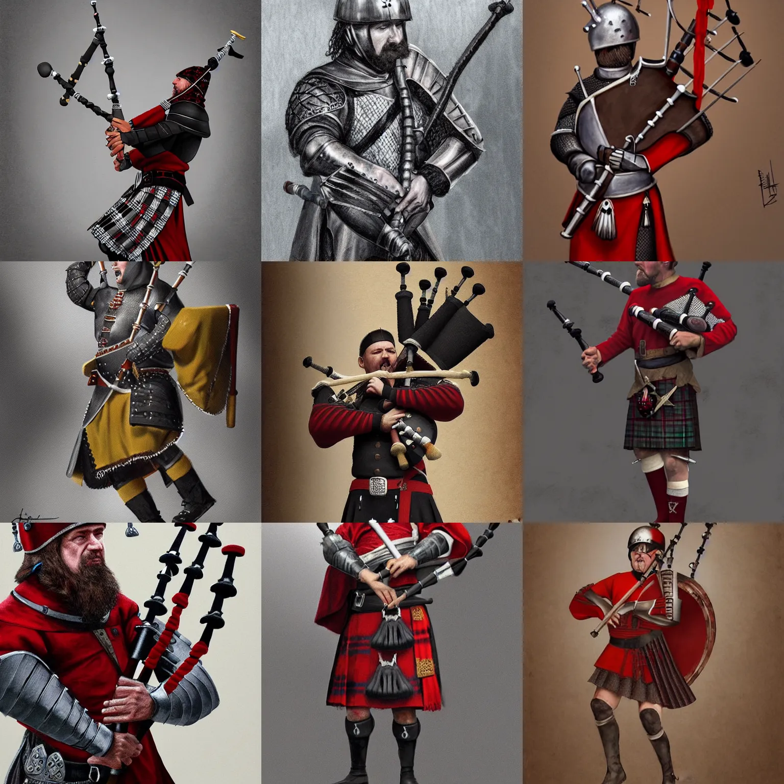 Prompt: A photorealistic concept art of a medieval guard playing the hell out of some bagpipes for artstation and cgsociety