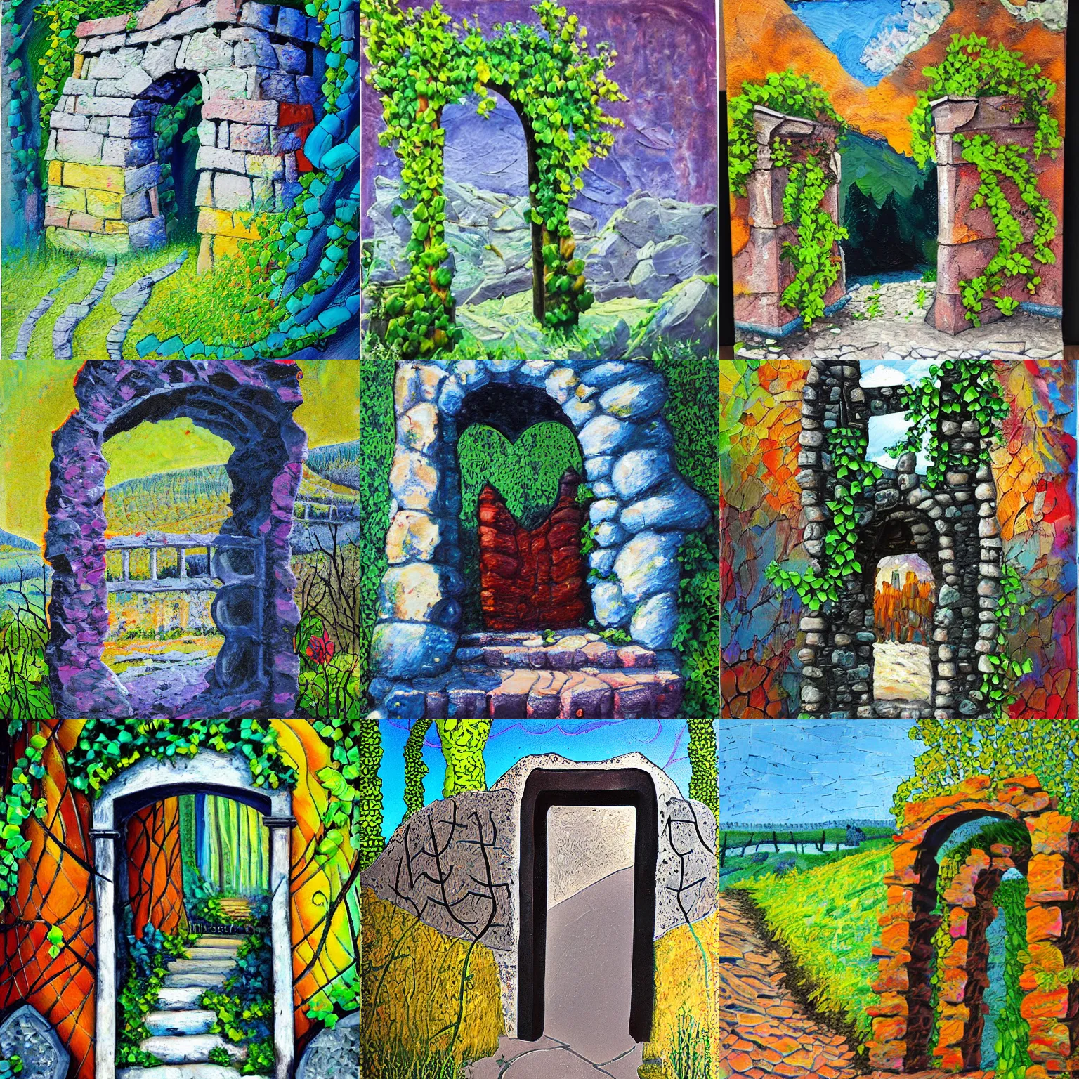 Prompt: colorful anastasia trusova impasto!! acrylic painting of the slate stone gateway of a forgotten civilization. vines and creepers, stone etchings