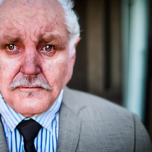 Image similar to photograph of old man wearing suit, sinister, dark circles under eyes, overweight, sagging skin, caucasian, hair becoming gray, sigma 85mm f/1.4, 4k, depth of field, high resolution, 4k, 8k, hd, full color