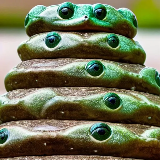 Image similar to a tower of frogs stacked on top of each other