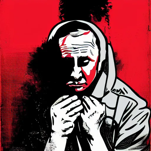 Image similar to scared putin sitting and crying, digital art, treding on artstation, vector art