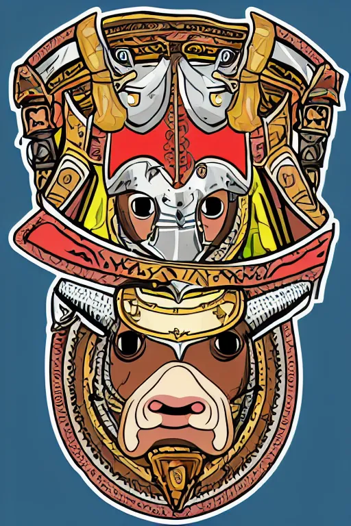 Prompt: Portrait of a bull in a medieval armor, knight, medieval, sticker, colorful, illustration, highly detailed, simple, smooth and clean vector curves, no jagged lines, vector art, smooth