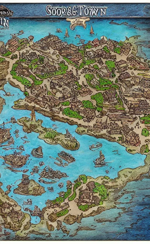 Image similar to dnd shore port town and docks on islands, hand painted and drawn map