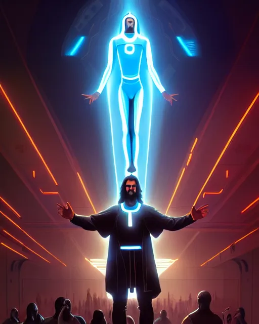Image similar to tron legacy jesus performing miracles for a crowd, diffuse lighting, hyper realistic, concept art, intricate, hyper detailed, smooth, sharp focus, illustration, artstation, greg rutkowski, james gurney, alphonse mucha