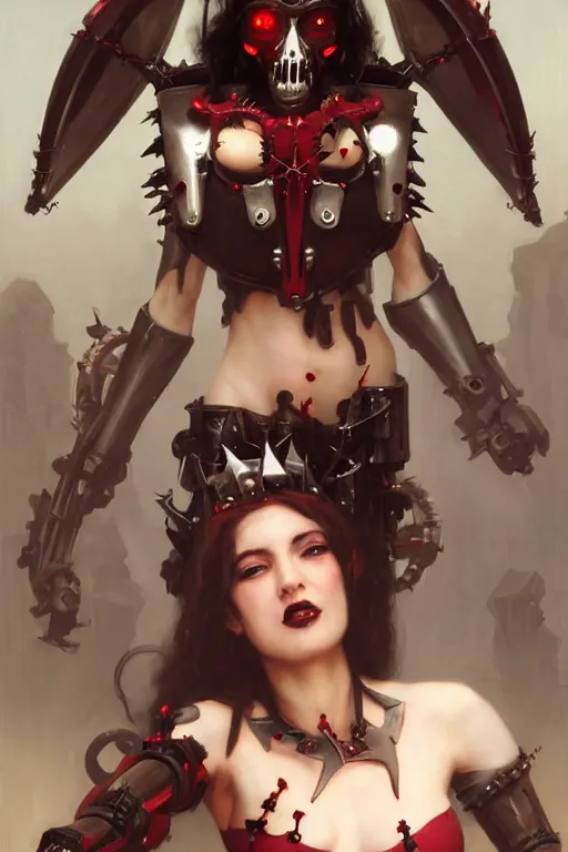 Prompt: Portrait of beautiful pale laughing cyborg goth maiden in bikini armor with crown of thorns and glowing red eyes, steampunc, Warhammer 40000, digital art from artstation by Ruan Jia and Mandy Jurgens and Artgerm and william-adolphe bouguereau