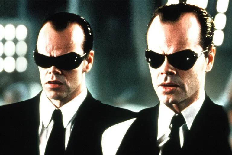 Image similar to Jack Nicholson as Agent Smith on the matrix, 1999, cinematic composition, cinemascope,