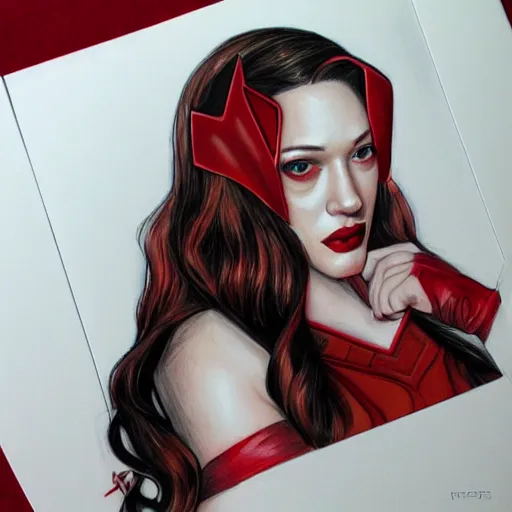 Image similar to Kat Dennings as Scarlet Witch, artist Kenny Tham