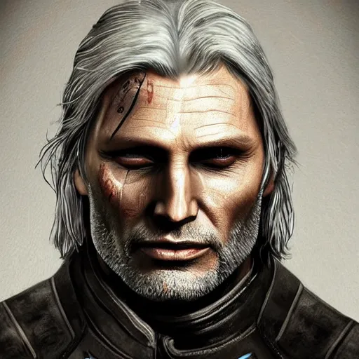 Image similar to mads mikkelsen as geralt from the witcher, portait art, detailed and accurate face