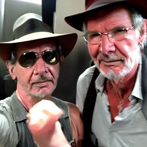 Image similar to chris patt as indiana jones 5, epic pose, selfie with harrison ford