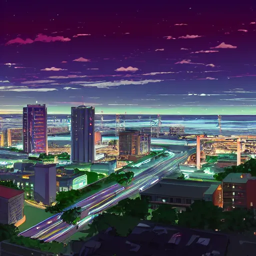 Image similar to modern anime still of an overview of a small coastal Florida town at night, downtown in the distance, key anime visuals