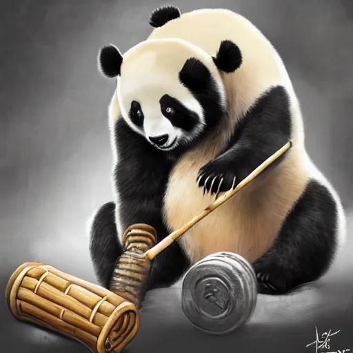 Image similar to a funny picture of a bodybuilder panda eating a bamboo, curling weights, digital art, high quality, detailed, artstation