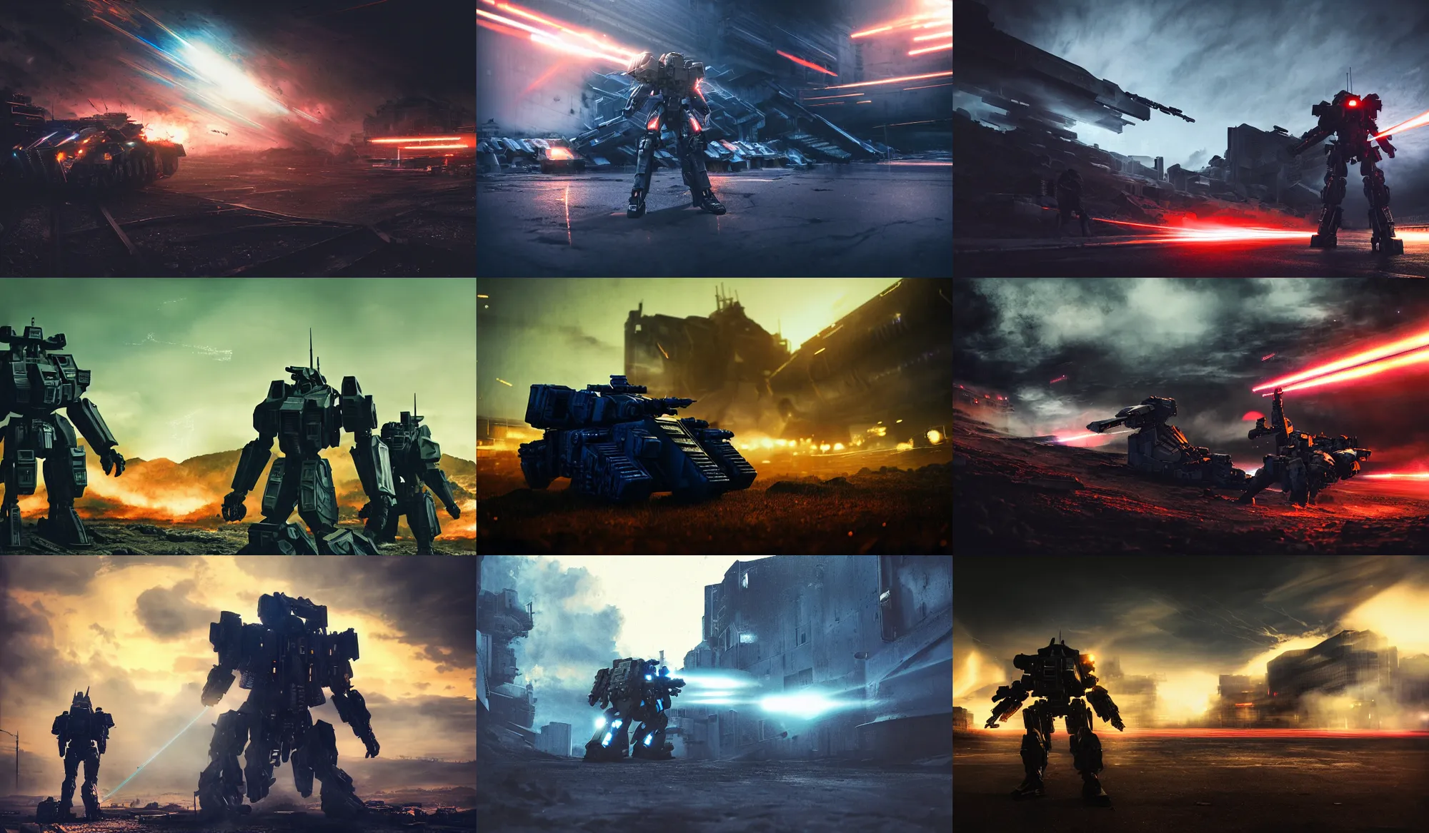 Image similar to an armored core v by liam wong, booster flares, legs, laser rifles, karst landscape, outdoor, dark blue sky, cloud, wilderness ground, golden time, twilight ; wide shot, digital painting, photoreal, cinematic contrast, dynamic backlighting, sharp edge, motion blur