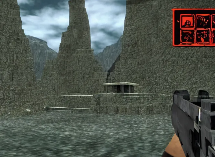 Image similar to a lonely temple next to an ancient city. screenshot of goldeneye. nintendo 6 4 ( 1 9 9 6 )