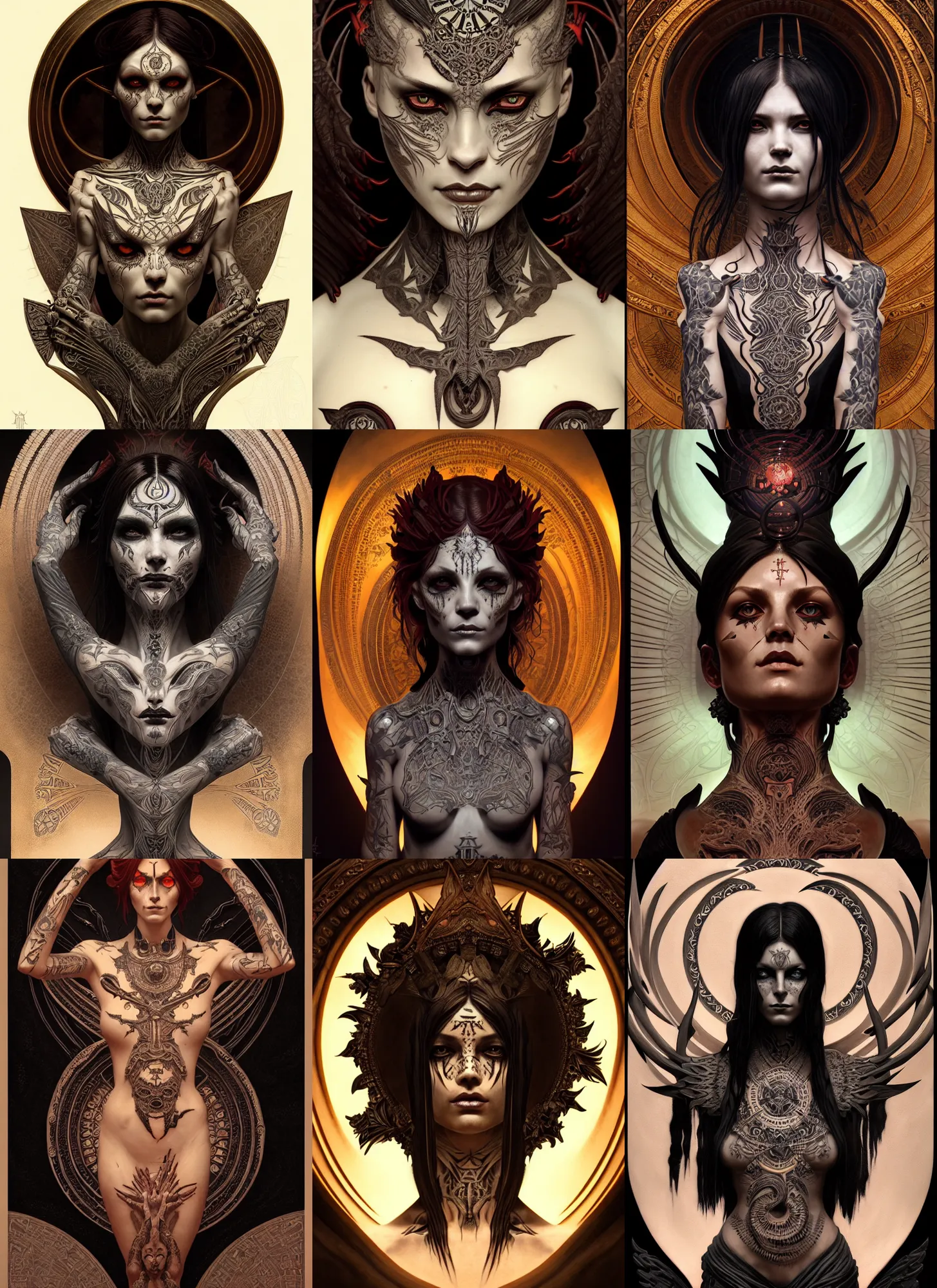 Prompt: symmetry portrait of lilith, intricate ritualistic tattoos, glowing ceremonial markings, dark, evil, elegant, highly detailed, digital painting, artstation, smooth, sharp focus, illustration, art by nekro borja and greg rutkowski and alphonse mucha, sculpted in zbrush