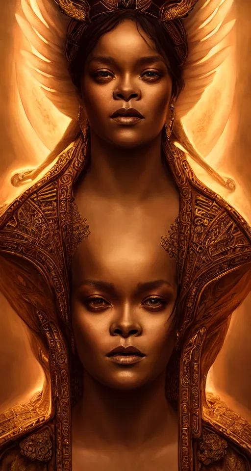 Image similar to majestic gracious regal goddess rhianna with seraphim portrait, ancient greece, elysium, atmospheric lighting, painted, intricate, volumetric lighting, beautiful, rich deep colours masterpiece, golden hour, sharp focus, ultra detailed, by leesha hannigan, ross tran, thierry doizon, kai carpenter, ignacio fernandez rios