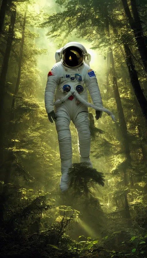 Prompt: american astronaut in the forest wearing a designer suite, plants environment wide angle cinematic lighting atmospheric realistic octane render highly detailed, octane render, in the style of craig mullins