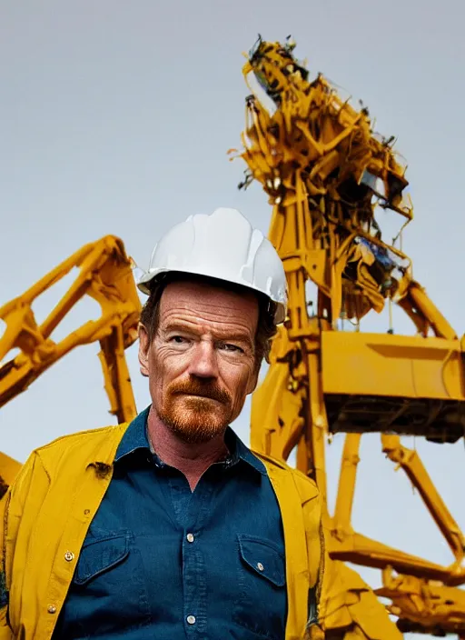 Image similar to closeup portrait of mecha bryan cranston with construction crane arms, yellow hardhat, natural light, bloom, detailed face, magazine, press, photo, steve mccurry, david lazar, canon, nikon, focus