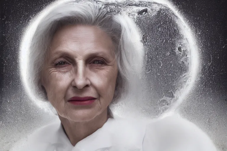 Image similar to a realistic cinematic headshot portrait of an old beautiful woman on top of skyscaper, wearing futuristic white suit, ceo, 4 k, ultra realistic, dramatic lighting, rain, clouds, fog, vogue, fashion, magazine spread, by annie leibovitz