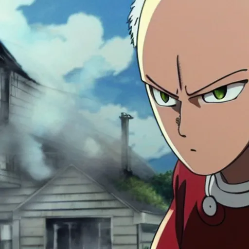 Prompt: a photo of a house burning down in the background and one punch man with an eerie expression in the foreground, strong depth of field