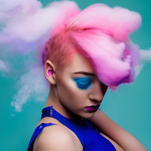 Prompt: a dramatic photo of a beautiful young woman with cotton candy hair. with a little bit of cyan and pink