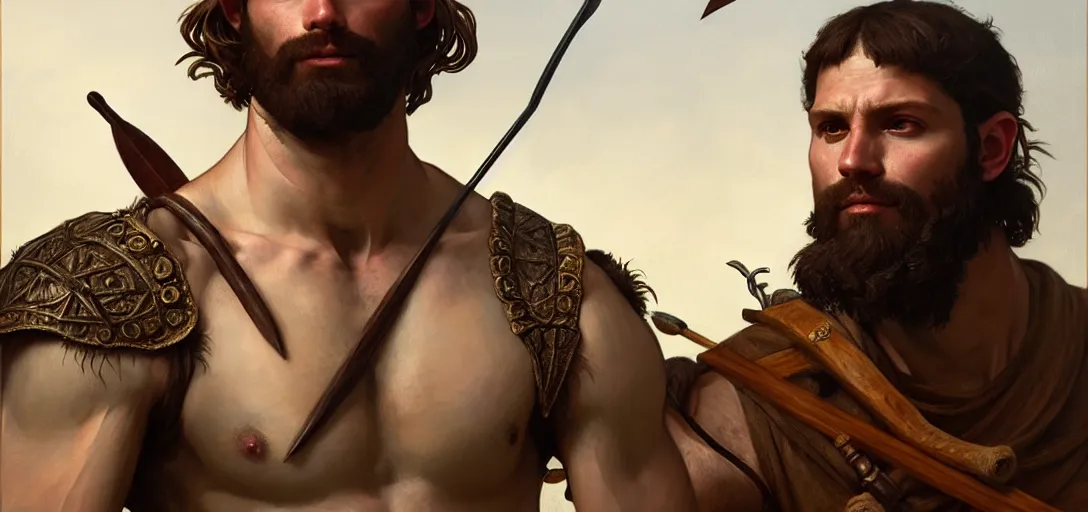 Image similar to renaissance upper body portrait of a gruff ranger with a spear, lean and toned, handsome face, hairy chest, D&D, intricate, elegant, highly detailed, digital painting, artstation, concept art, matte, sharp focus, illustration, art by da Vinci, Artgerm and Greg Rutkowski and Alphonse Mucha