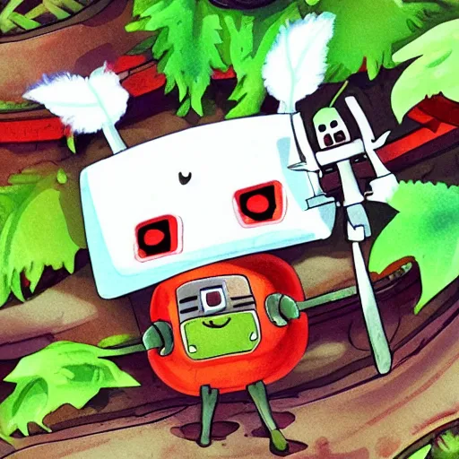 Image similar to cute little robot with tomato hat with a leaf, and sword with chive shape, made in abyss style, standing on a forest