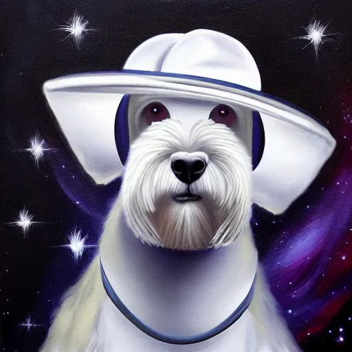 Image similar to “an oil painting portrait of a White Schnauzer dog wearing Artist robe and a Beret cap on a dark nebula background” digital Art, concept Art, highly detailed, 3-D 4K, trending on art station, Award winning, Mark Brooks,