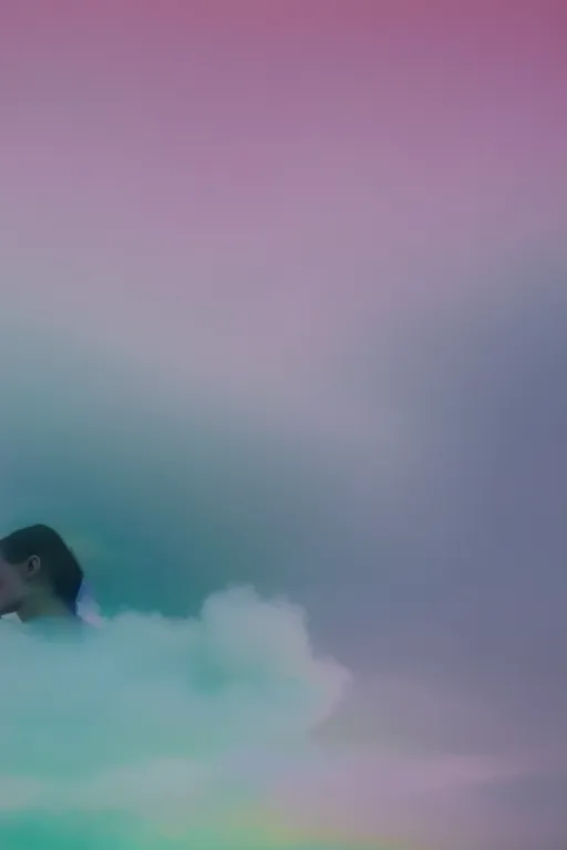 Image similar to high quality pastel coloured film close up wide angle photograph of a model wearing clothing resting on cloud furniture in a icelandic black rock!! environment in a partially haze filled dreamstate world. three point light, rainbow. photographic production. art directed. pastel colours. volumetric clouds. pastel gradient overlay. waves glitch artefacts. extreme facial clarity. 8 k. filmic.