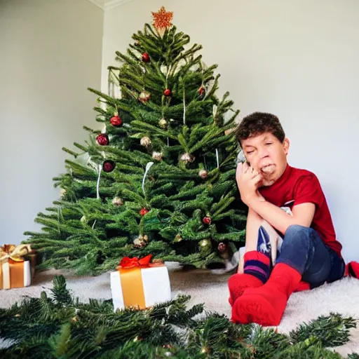 Image similar to a kid at christmas disappointed and sad that his present was a giant moai statue, his hands buried in his face, sitting down. | inside of a house next to a christmas tree, large present in the back