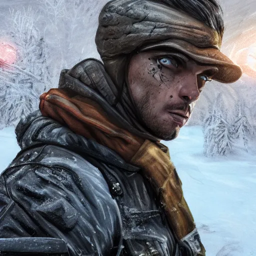 Prompt: A comic book style portrait painting of a male ranger in a a post apocalyptic winter landscape, unreal 5, DAZ, hyperrealistic, octane render, RPG portrait, ambient light, dynamic lighting