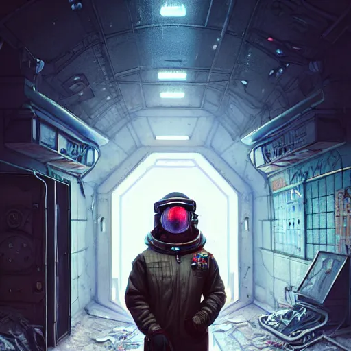 Image similar to A portrait of a cyberpunk thug on the street of Soviet sleeping quarters on the moon, Norilsk, sci-fi, fantasy, intricate, very very beautiful, elegant, highly detailed, digital painting, artstation, concept art, smooth, sharp focus, illustration, art by artgerm and greg rutkowski and alphonse mucha