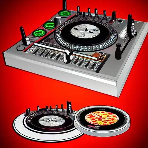 Prompt: album cover of a DJ table with pizza's for vinyl's, realistic, 16k, trending on artstation