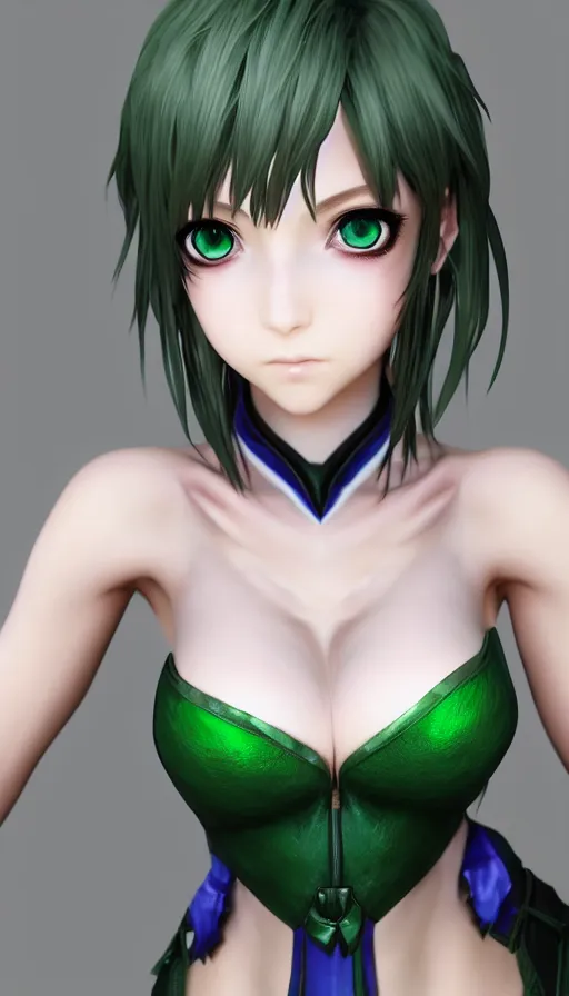 Prompt: render as a very beautiful 3d anime woman with short brown hair, heterochromia, blue eye and green eye, mage final fantasy oufit, heavy makeup, short smile, cinematic lightning, highly detailed, trending on Artstation, Unreal Engine 4k, cinematic wallpaper