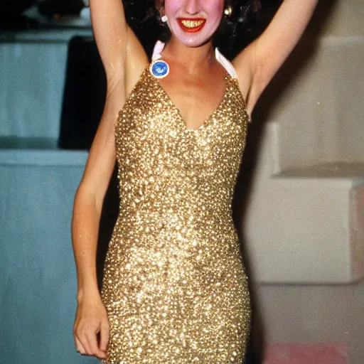 Prompt: 1 9 8 0 winner of a beauty pageant wearing a sparkling gold glitter dress